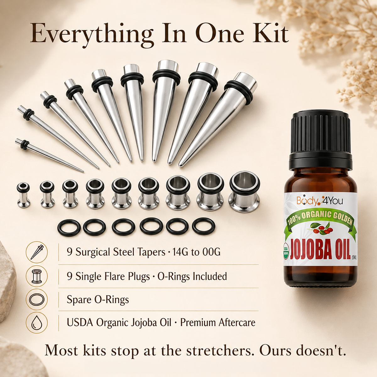 BodyJ4You 37PC Ear Stretching Kit with Organic Jojoba Oil image 3