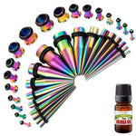 37PC Gauges Kit Ear Stretching Aftercare Jojoba Oil Wax - Single Flare Tunnel Plugs Tapers - 14G-00G Surgical Steel - Natural Recovery Solution Set
