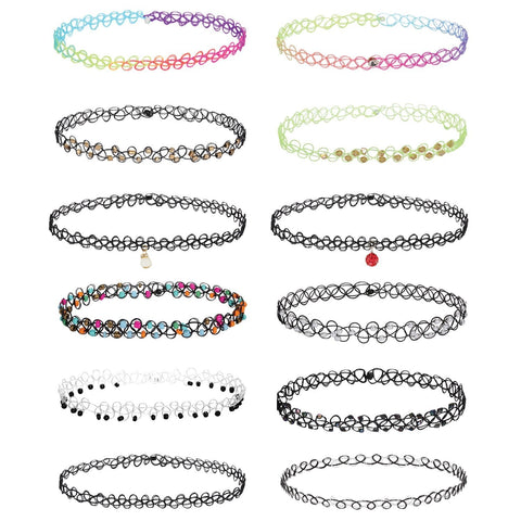 12PC Choker Necklace Set Colorful Flowers Stretch Elastic - BodyJ4you