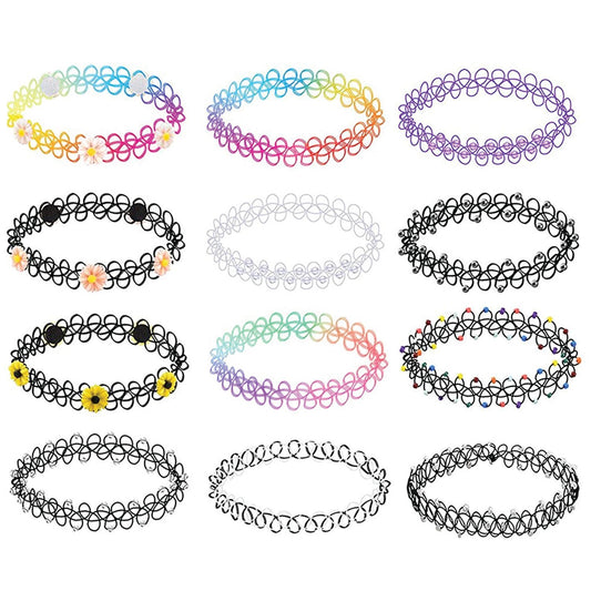12PC Choker Necklace Set Colorful Flowers Stretch Elastic - BodyJ4you