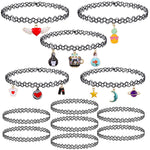 12PC Tattoo Choker Necklace Set - 90s Accessories Women Teen Girls Kids - Flower Charms Rainbow Multicolor Stretchy Jewelry - Summer Style Gift Idea - BodyJ4you