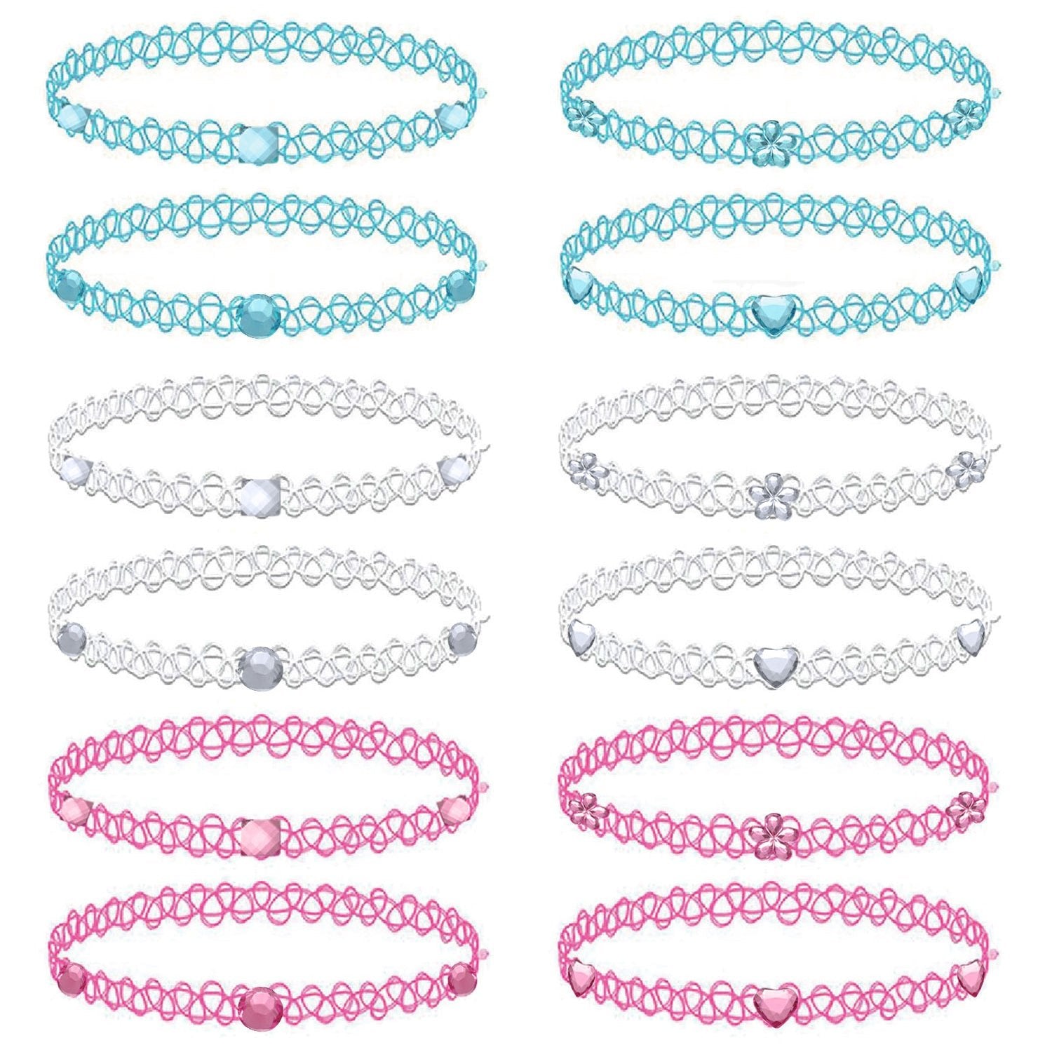 12PC Tattoo Choker Necklace Set - 90s Accessories Women Teen Girls Kids - Flower Charms Rainbow Multicolor Stretchy Jewelry - Summer Style Gift Idea - BodyJ4you