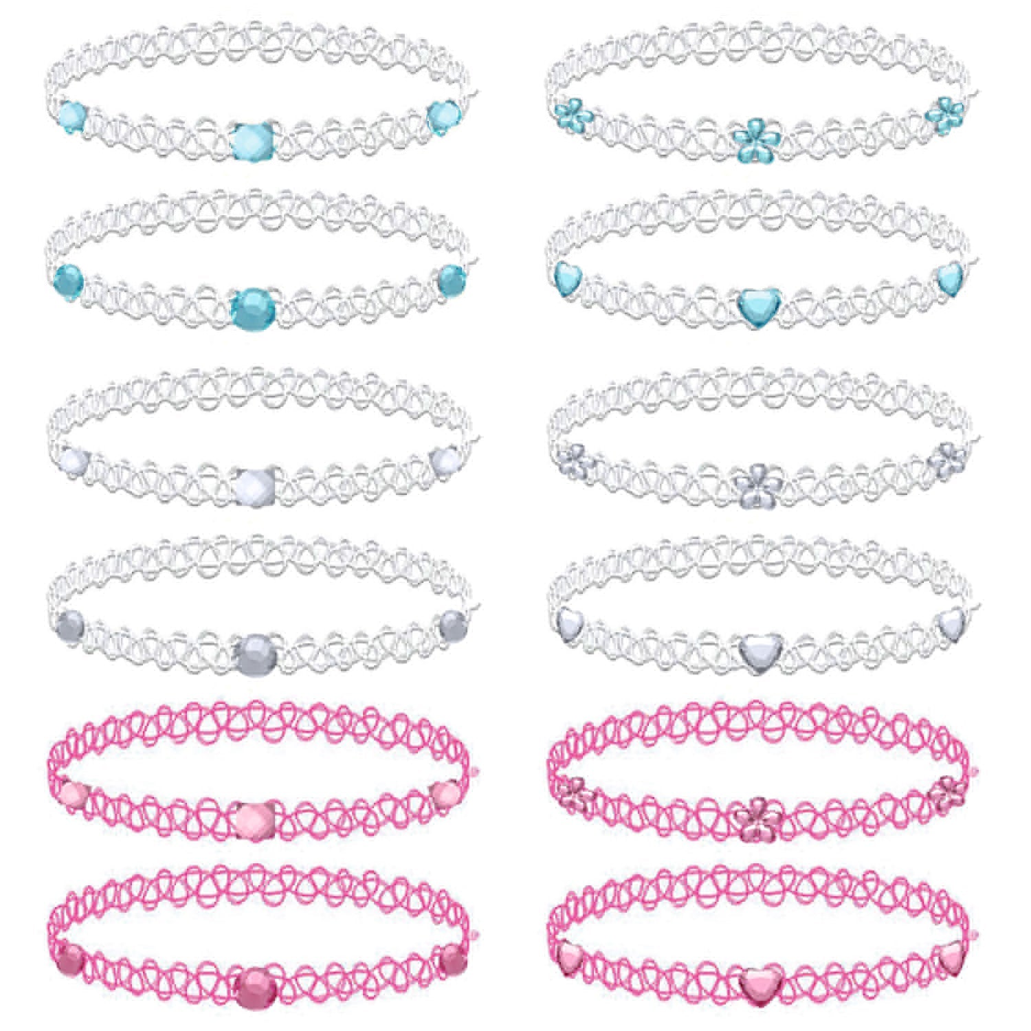 12PC Tattoo Choker Necklace Set - 90s Accessories Women Teen Girls Kids - Flower Charms Rainbow Multicolor Stretchy Jewelry - Summer Style Gift Idea - BodyJ4you