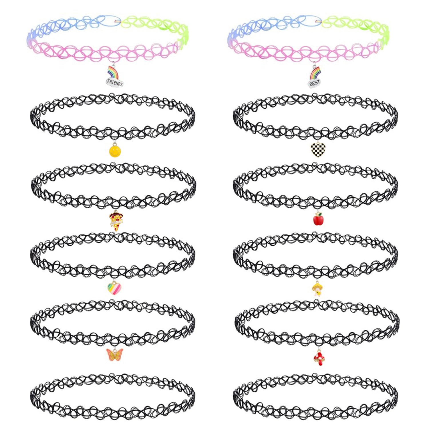 12PC Tattoo Choker Necklace Set - 90s Accessories Women Teen Girls Kids - Flower Charms Rainbow Multicolor Stretchy Jewelry - Summer Style Gift Idea - BodyJ4you