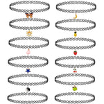 12PC Tattoo Choker Necklace Set - 90s Accessories Women Teen Girls Kids - Flower Charms Rainbow Multicolor Stretchy Jewelry - Summer Style Gift Idea - BodyJ4you