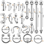 156PC Body Piercing Kit | Belly Ring Nose Septum Tragus Ear Cartilage Industrial | Horseshoe Ring Hoop Barbell Stud Spike | 14G 16G 18G 20G | Stainless Steel Lot - BodyJ4you