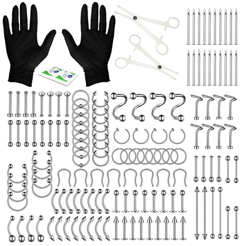 156PC Body Piercing Kit | Belly Ring Nose Septum Tragus Ear Cartilage Industrial | Horseshoe Ring Hoop Barbell Stud Spike | 14G 16G 18G 20G | Stainless Steel Lot - BodyJ4you