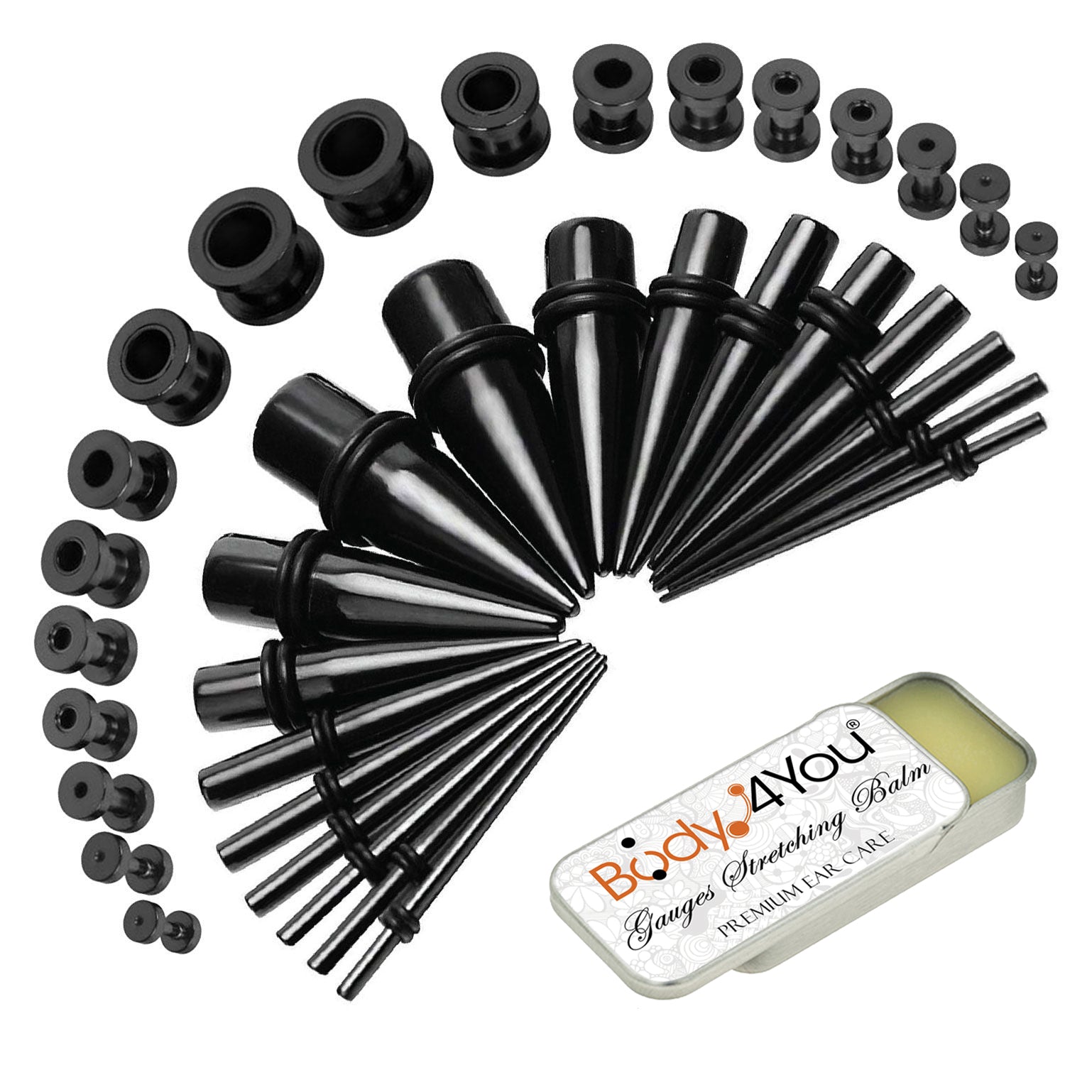 37PC Gauges Kit Ear Stretching Aftercare Balm - Screw Fit Tunnel Plugs Expander Tapers - 14G-00G Surgical Steel - Natural Recovery Solution Set