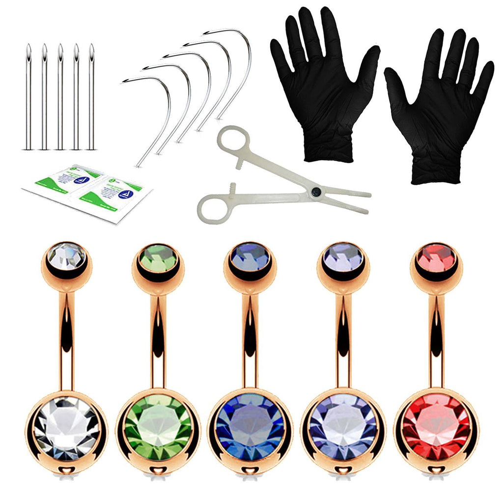20PC Professional Piercing Kit Multicolor Steel 14G Double CZ Belly Na BodyJ4you