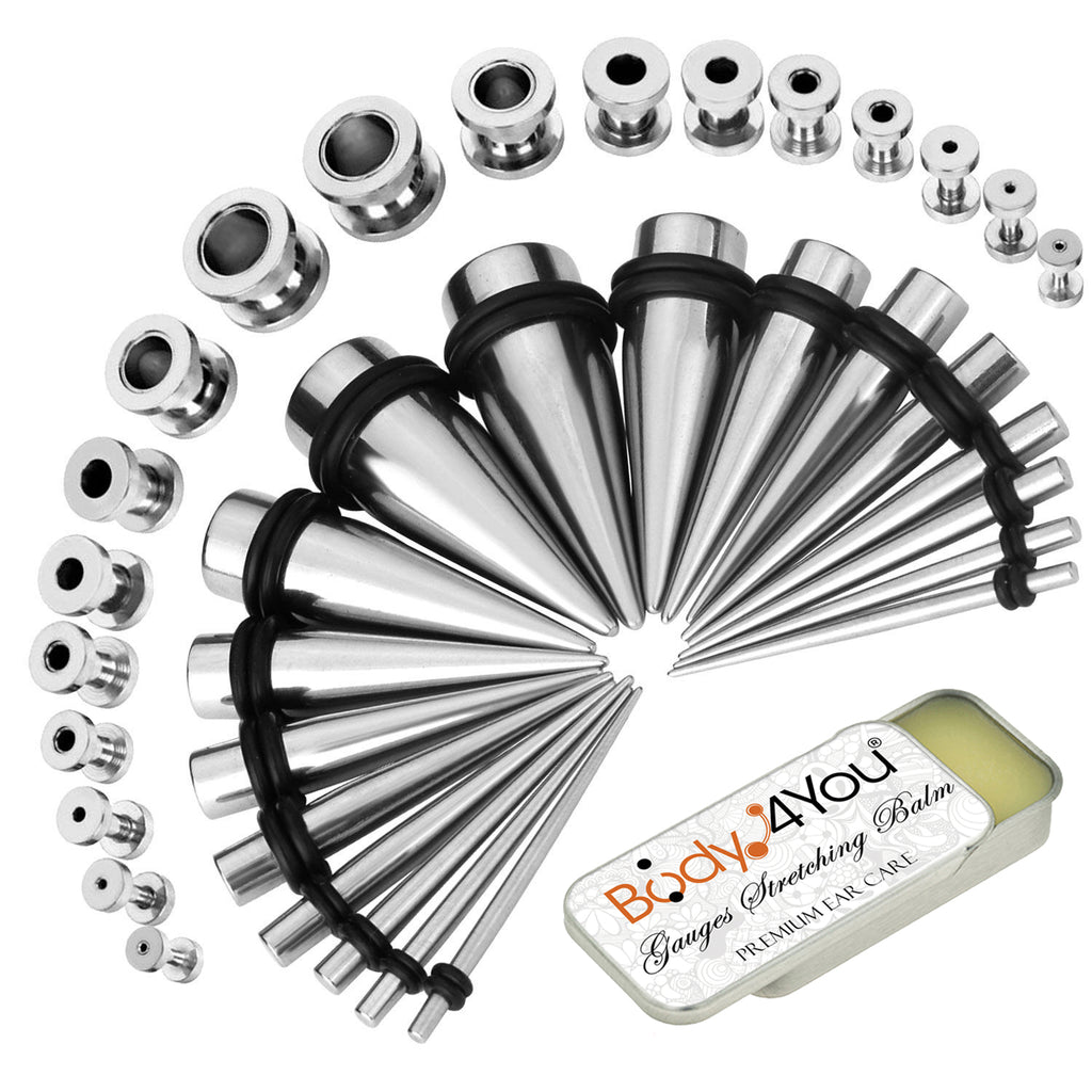 37PC Gauges Kit Ear Stretching Aftercare Balm 14G 00G Steel Taper Scre BodyJ4you