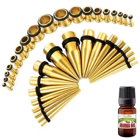 29PC Gauges Kit Ear Aftercare Jojoba Oil Wax 12G-0G Multicolor Steel Tunnel Plugs Tapers - BodyJ4you
