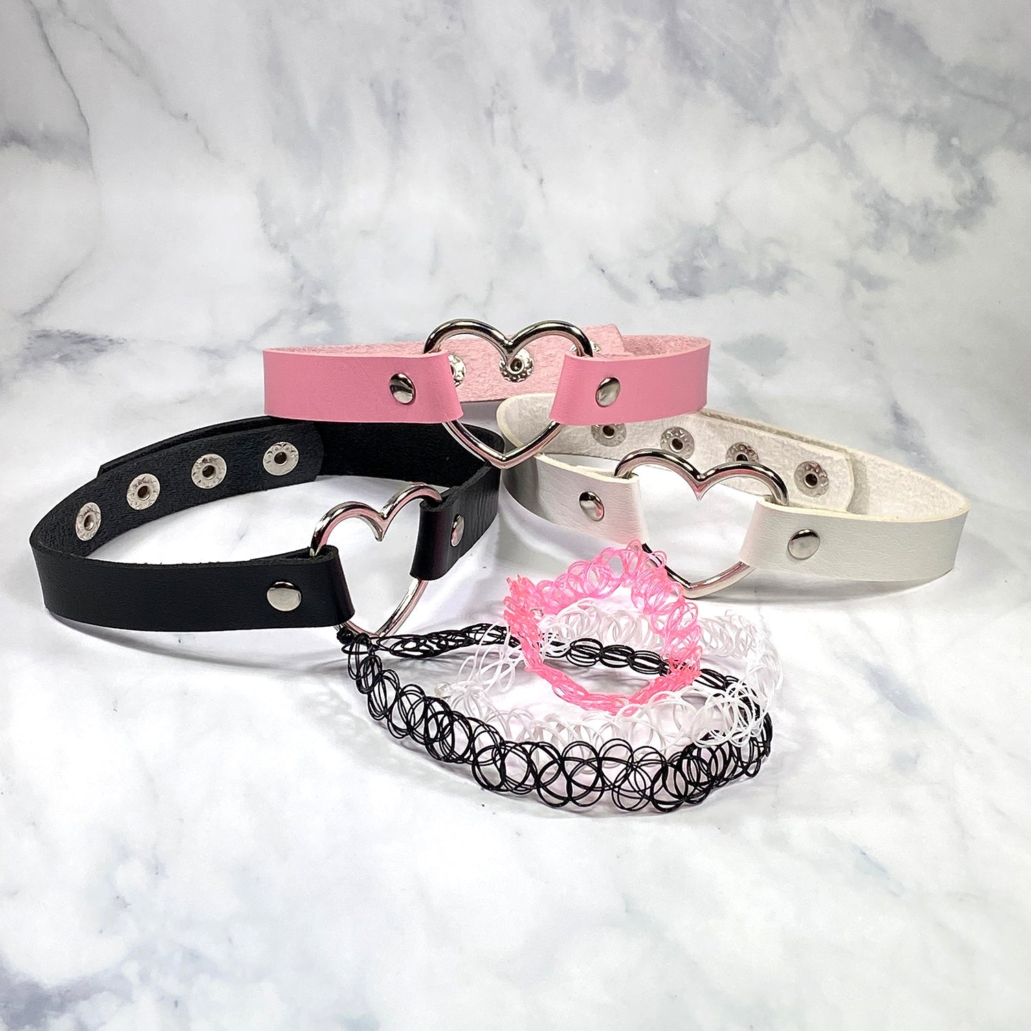 2PC Choker Leather Collar Necklace - Goth Punk Biker Rock Metal - 90s Retro Vintage Old-School Style - Heart Spikes Moon Pendant - Women Girls - BodyJ4you