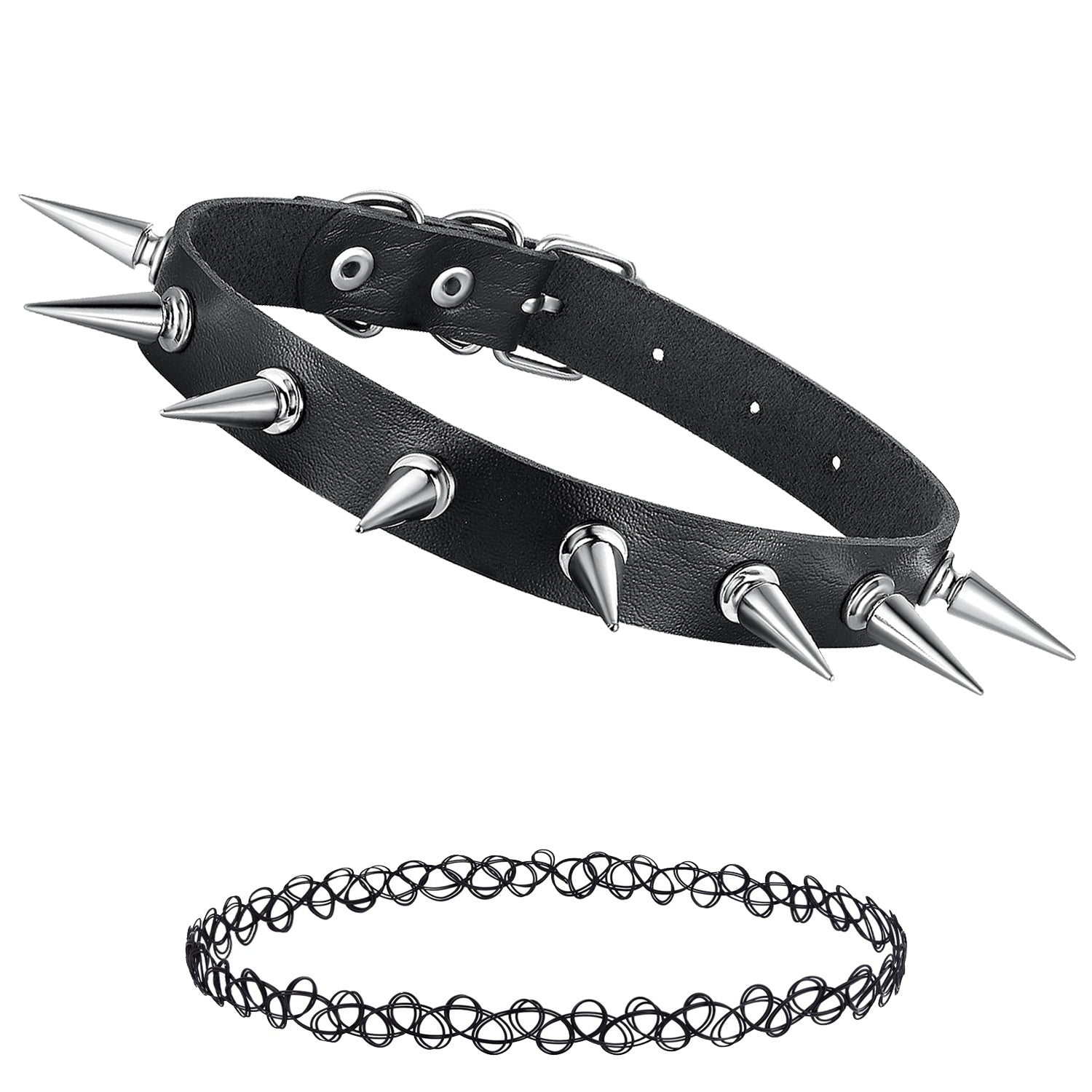 2PC Choker Leather Collar Necklace - Goth Punk Biker Rock Metal - 90s Retro Vintage Old-School Style - Heart Spikes Moon Pendant - Women Girls - BodyJ4you