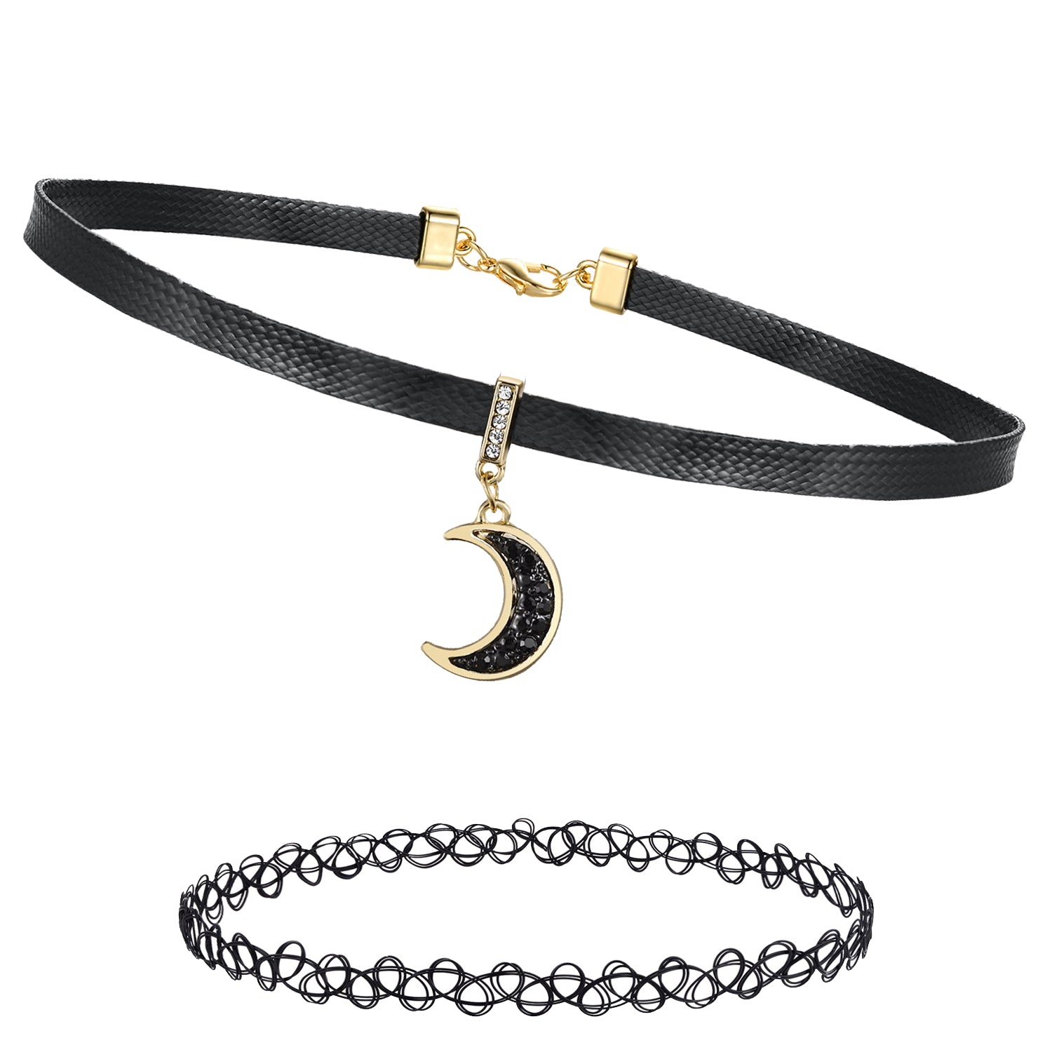 2PC Choker Leather Collar Necklace - Goth Punk Biker Rock Metal - 90s Retro Vintage Old-School Style - Heart Spikes Moon Pendant - Women Girls - BodyJ4you