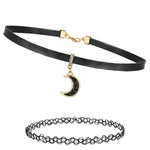 2PC Choker Leather Collar Necklace - Goth Punk Biker Rock Metal - 90s Retro Vintage Old-School Style - Heart Spikes Moon Pendant - Women Girls - BodyJ4you