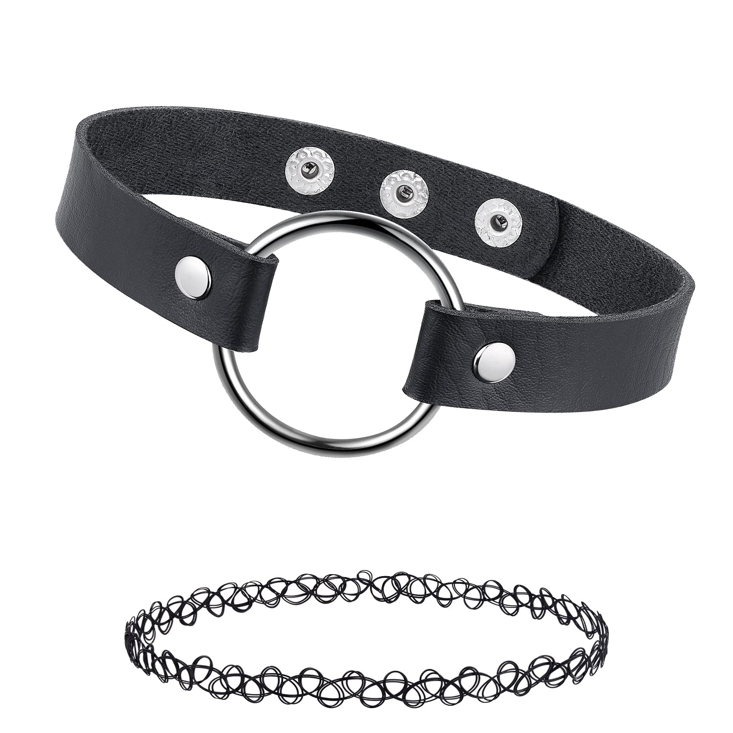 2PC Choker Leather Collar Necklace - Goth Punk Biker Rock Metal - 90s Retro Vintage Old-School Style - Heart Spikes Moon Pendant - Women Girls - BodyJ4you