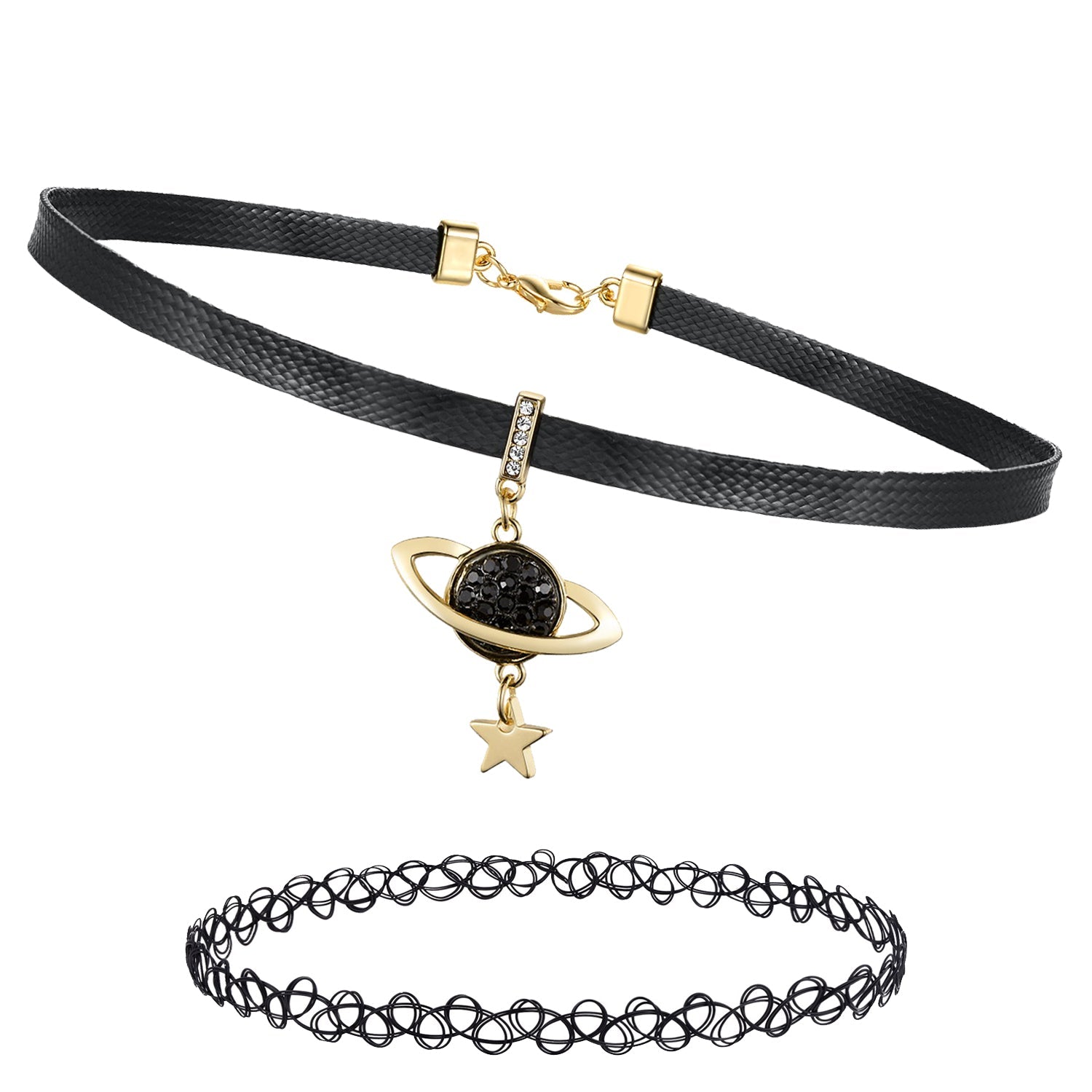 2PC Choker Leather Collar Necklace - Goth Punk Biker Rock Metal - 90s Retro Vintage Old-School Style - Heart Spikes Moon Pendant - Women Girls - BodyJ4you
