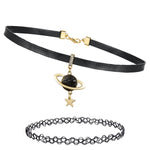 2PC Choker Leather Collar Necklace - Goth Punk Biker Rock Metal - 90s Retro Vintage Old-School Style - Heart Spikes Moon Pendant - Women Girls - BodyJ4you