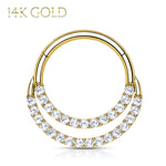 2PC Piercing Rings 16G Hinged Clicker Hoop 14Kt. Gold Double Line Cubic Zirconia Nose Septum Ear - BodyJ4you