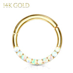 2PC Piercing Rings 16G Hinged Clicker Hoop 14Kt. Gold Lined White Opal Nose Septum Daith Ear - BodyJ4you