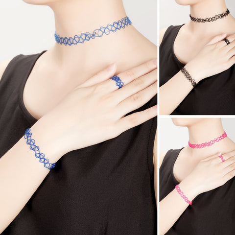 30PC Choker Necklace Bracelet Ring Set Multicolor Stretch Elastic