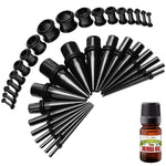 37PC Gauges Kit Ear Stretching Aftercare Jojoba Oil Wax - Single Flare Tunnel Plugs Tapers - 14G-00G Surgical Steel - Natural Recovery Solution Set