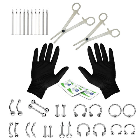 36PC Piercing Kit Stainless Steel 14G 16G Belly Ring Tongue - BodyJ4you