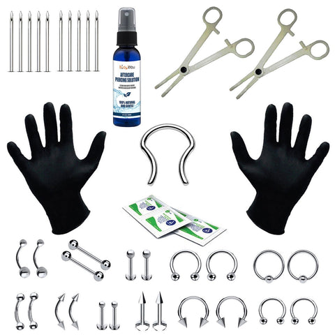 36PC PRO Piercing Kit Stainless Steel Aftercare Spray 14G 16G Nose Ring Septum Jewelry - BodyJ4you