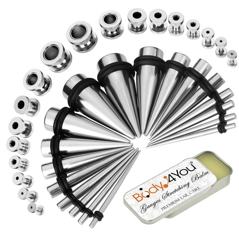 37PC Gauges Kit Ear Stretching Aftercare Balm 14G-00G Steel Taper Screw Fit Tunnel Jewelry - BodyJ4you
