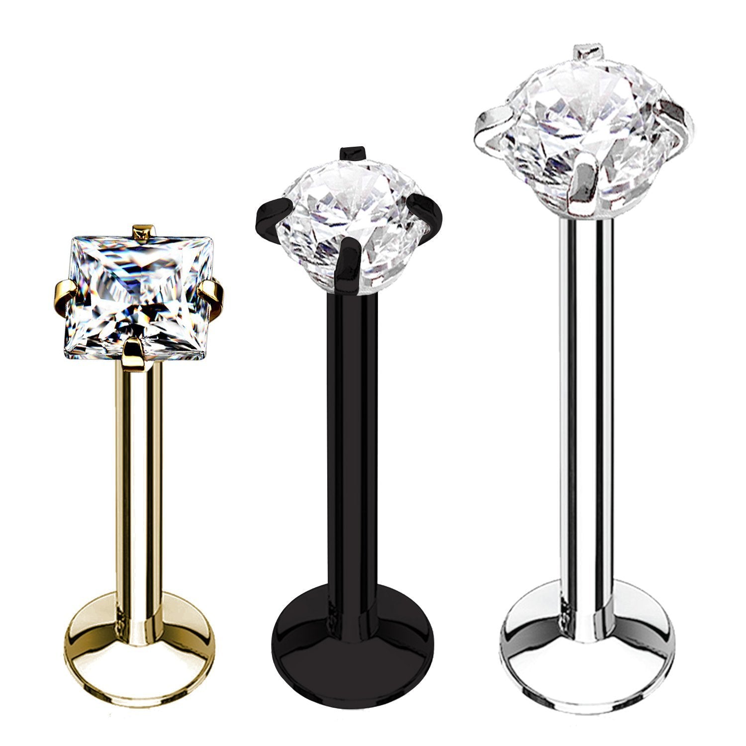 3PC Labret Stud Tragus Earring Set 16G CZ Crystal Surgical Steel Helix Monroe Jewelry - BodyJ4you