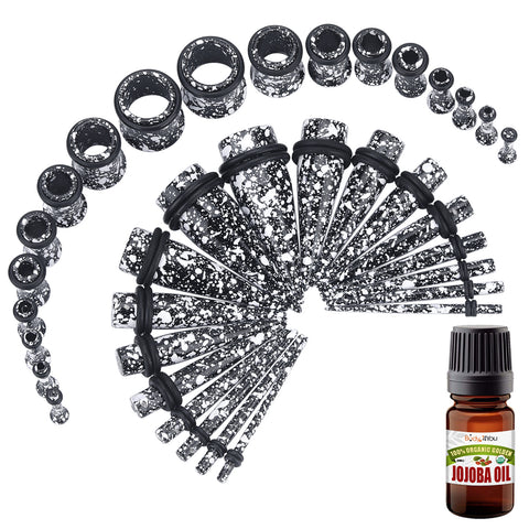BodyJ4You 37PC Gauges Kit Ear Stretching Aftercare Jojoba Oil Wax | Single Flare Tunnel Plugs Tapers | 14G-00G Black White Splatter Steel | Natural Recovery Solution Set