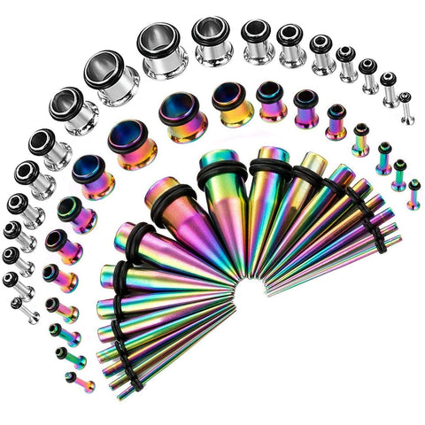 54PC Gauges Kit Ear Stretching 14G-00G Multicolor Surgical Steel Taper Plug Body Piercing - BodyJ4you