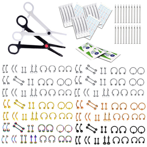 200PC Professional Body Piercing Kit 14G 16G Belly Ring Labret Tongue Tragus Jewelry
