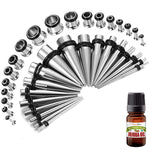 BodyJ4You 37PC Gauges Kit Ear Stretching Aftercare Jojoba Oil Wax | Single Flare Tunnel Plugs Tapers | 14G-00G Surgical Steel | Natural Recovery Solution Set