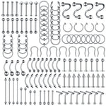 120PC Body Piercing Jewelry Kit | CBR BCR Rings Barbells Studs Screws Curved Bars | Belly Button Cartilage Tragus Nose Septum Tongue | 14G 16G 18G 20G Stainless Steel Random Bulk Set