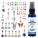 65 Belly Button Rings Dangle Barbells Aftercare Saline Spray 14G Acrylic Bioflex Steel CZ Navel - BodyJ4you