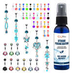 65 Belly Button Rings Dangle Barbells Aftercare Saline Spray 14G Acrylic Bioflex Steel CZ Navel