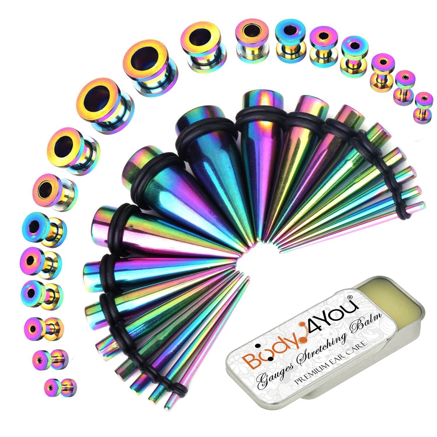 37PC Gauges Kit Ear Stretching Aftercare Balm - Screw Fit Tunnel Plugs Expander Tapers - 14G-00G Surgical Steel - Natural Recovery Solution Set