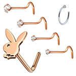 6PC Nose Screw Stud Playboy Bunny Hoop Ring 20G Steel CZ Nostril Girl Women Piercing Jewelry - BodyJ4you