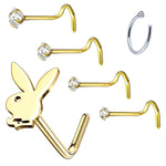 6PC Nose Screw Stud Playboy Bunny Hoop Ring 20G Steel CZ Nostril Girl Women Piercing Jewelry - BodyJ4you