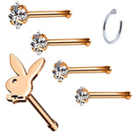 6PC Nose Screw Stud Playboy Bunny Hoop Ring 20G Steel CZ Nostril Girl Women Piercing Jewelry - BodyJ4you
