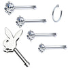 6PC Nose Stud Bone Playboy Bunny Hoop Ring 20G Surgical Steel CZ Nostril Girl Women Piercing Jewelry - BodyJ4you