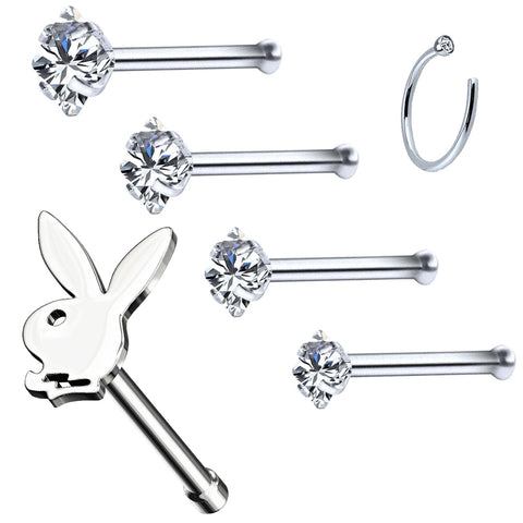 6PC Nose Stud Bone Playboy Bunny Hoop Ring 20G Surgical Steel CZ Nostril Girl Women Piercing Jewelry - BodyJ4you