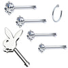 6PC Nose Stud Bone Playboy Bunny Hoop Ring 20G Surgical Steel CZ Nostril Girl Women Piercing Jewelry - BodyJ4you