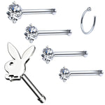 6PC Nose Stud Bone Playboy Bunny Hoop Ring 20G Surgical Steel CZ Nostril Girl Women Piercing Jewelry - BodyJ4you