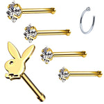 6PC Nose Stud Bone Playboy Bunny Hoop Ring 20G Surgical Steel CZ Nostril Girl Women Piercing Jewelry - BodyJ4you