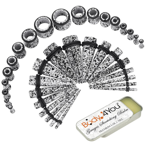 BodyJ4You 37PC Gauges Kit Ear Stretching Aftercare Balm | Single Flare Tunnel Plugs Tapers | 14G-00G White Black Splatter Steel | Natural Recovery Solution Set