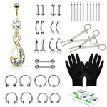 36PC PRO Piercing Kit Stainless Steel 14G 16G Belly Ring Tongue Nipple Nose Jewelry