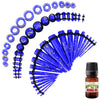 54PC Ear Stretching Kit Aftercare Jojoba Oil / Royal Blue Goldtone Tapers Acrylic Gauges 14G-00G / Tunnels Flexible Silicone Expander 8G-12mm / Durable Lightweight