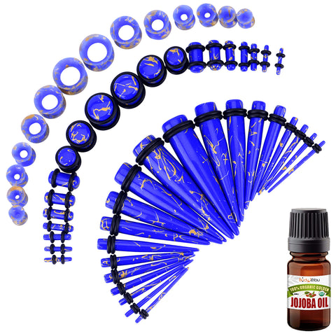54PC Ear Stretching Kit Aftercare Jojoba Oil / Royal Blue Goldtone Tapers Acrylic Gauges 14G-00G / Tunnels Flexible Silicone Expander 8G-12mm / Durable Lightweight